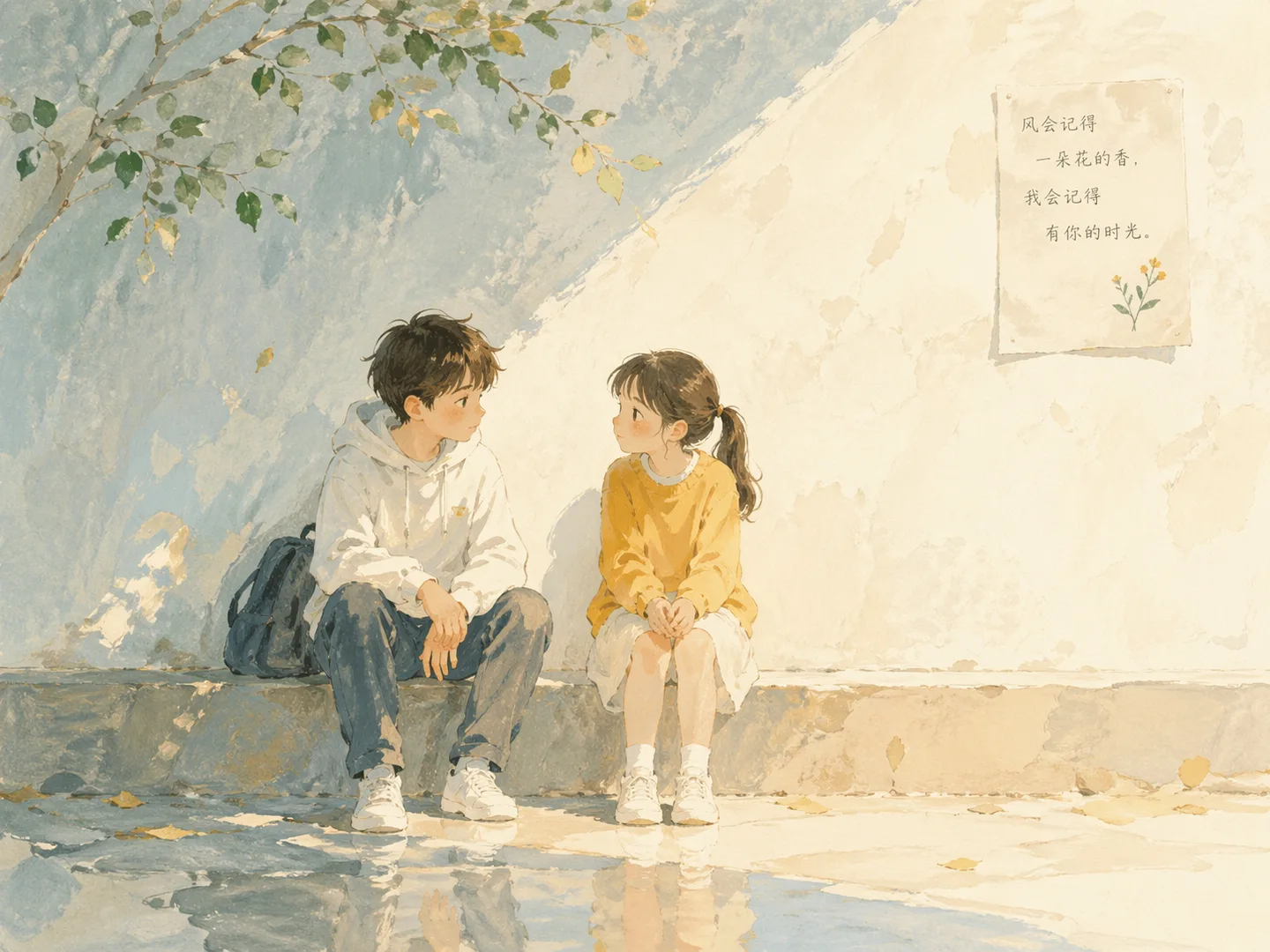 两个孩子坐在斑驳的阳光下，墙上贴着写有风会记得的纸页
